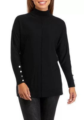 Anne Klein Women's Petite Long Sleeve Mock Neck Sweater With Buttons, Black, Pxs | Belk