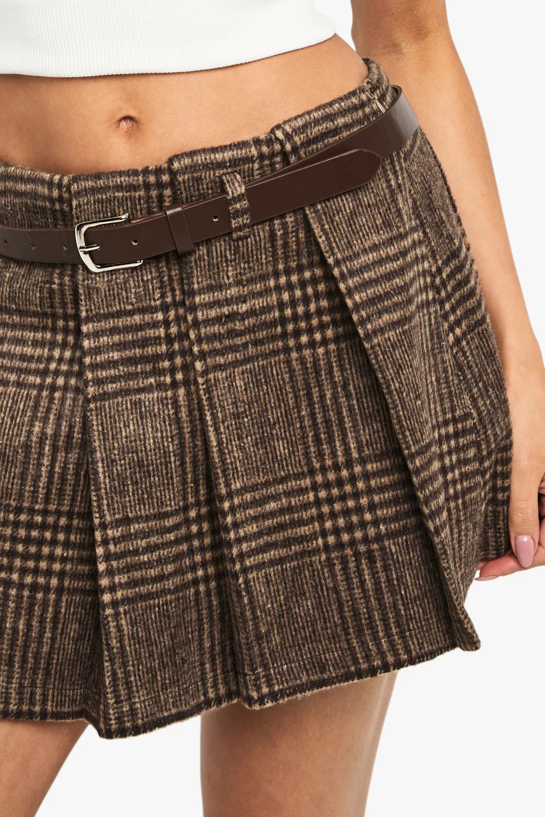 Premium Wool Look Check Belted Mini Skirt | Boohoo.com (UK & IE)