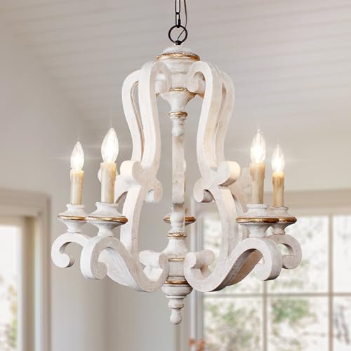 Farmhouse Distressed White Wooden Chandelier, French Country Empire Pendant Lighting Fixture with 5 Candle Lights, Adjustable Chain, for Kitchen, Dining Room, Foyer, Hallway etc. | Amazon (US)