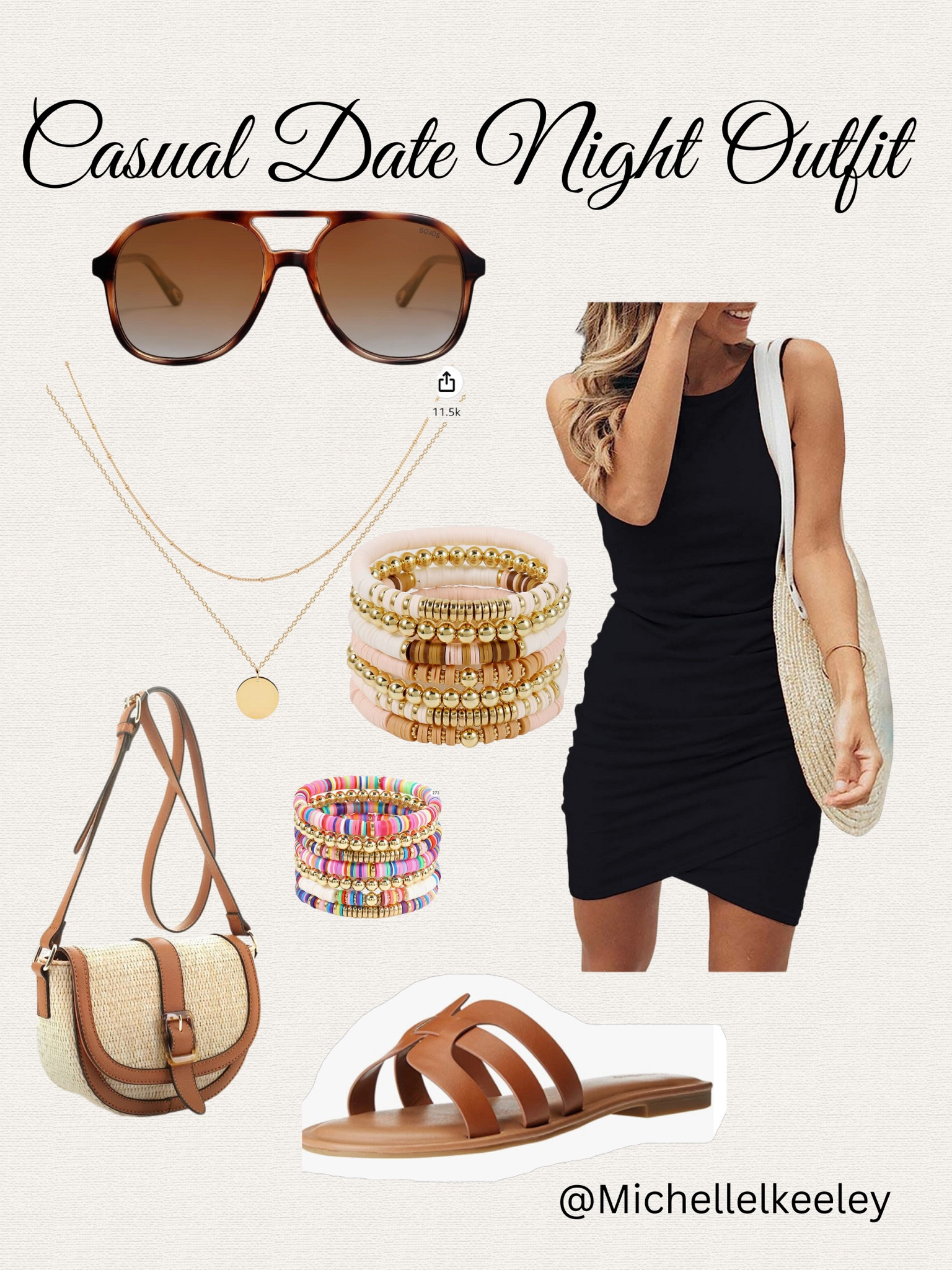 Casual Amazon date night outfit. 
Add a fun pop of color with the multicolored bracelets or keep it monochromatic. Favorite sunglasses. 
Summer fashion.

#LTKstyletip #LTKsalealert #LTKunder50