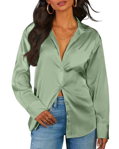 Womens Silk Blouses for Women Long Sleeve Satin & Button-Down Shirts Button Up Shirt Blouse Green Emerald Tops Dressy Fashion 2142_Green L | Amazon (US)