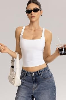 QINSEN Womens Tank Tops with Built in Bras Square Neck Double Lined Basic Sleeveless Workout Tops | Amazon (US)