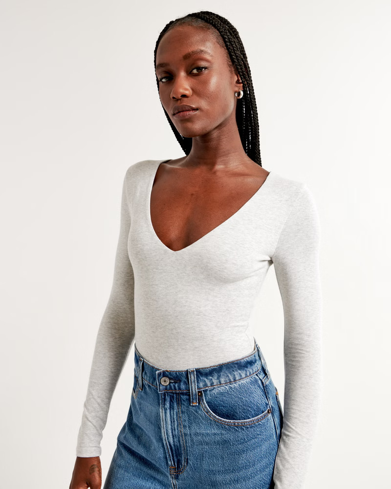 Long-Sleeve Cotton-Blend Seamless Fabric V-Neck Bodysuit | Abercrombie & Fitch (US)