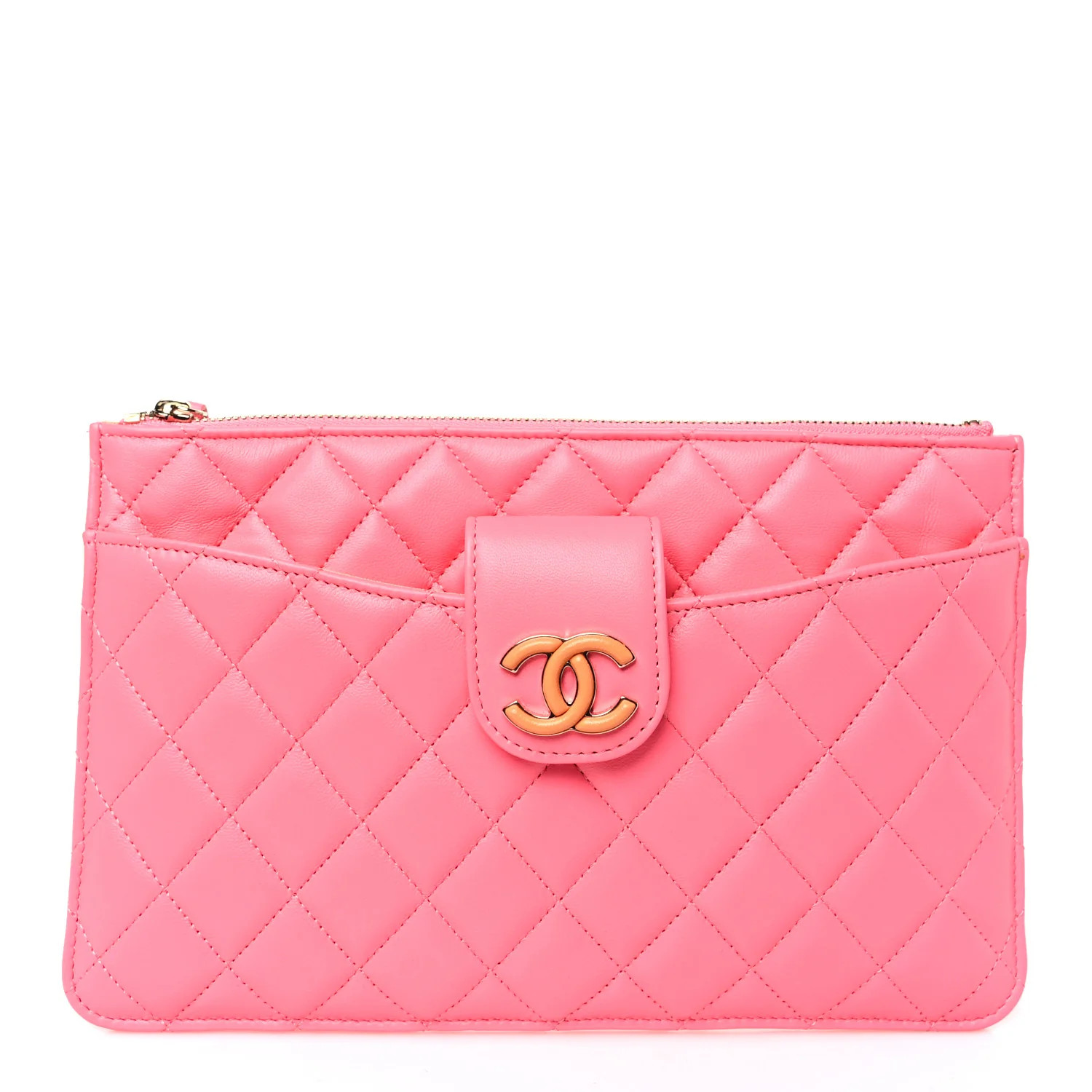 Lambskin Quilted Sunset Boulevard Pouch Case Coral Orange | FASHIONPHILE (US)