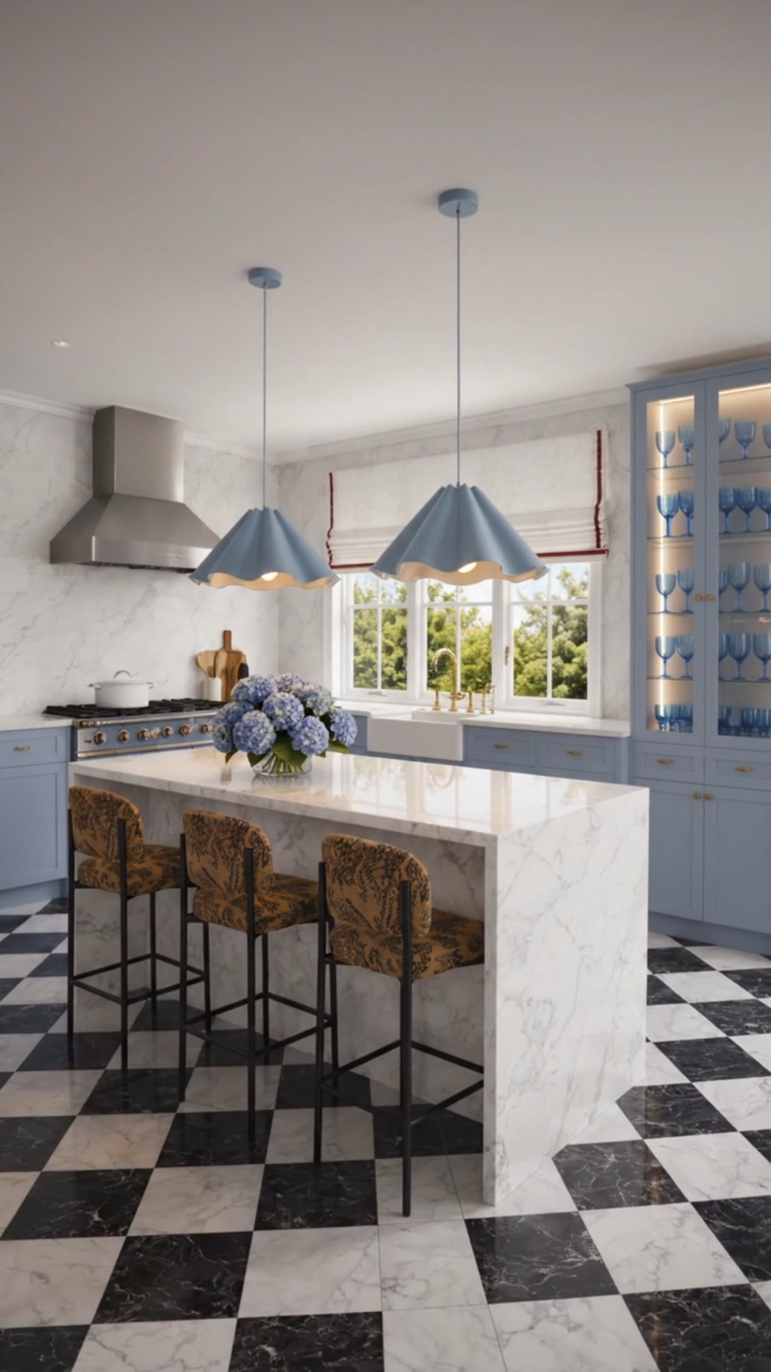 🇺🇸 Modern red, white & blue—reimagined with a refined, elevated feel. ❤️🤍💙

This kitchen proves that a patriotic palette can feel timeless and sophisticated. Soft blue cabinetry, blue wine glasses, crisp white marble, and a subtle red Roman shade trim create a fresh take on red, white, and blue. Sculptural floral pendants add an artistic statement overhead, while these sleek, modern counter stools complete the space with clean lines and effortless elegance.

Now is the perfect time for a kitchen refresh! Interior Icons is offering deep 4th of July discounts + FREE shipping on these beautiful bar stools. Use code **4JULY** at checkout for **FREE SHIPPING**. The sculptural floral pendants are also **up to 50% off** during the Lulu and Georgia sale.

Classic colors. Contemporary design. Timeless style. ✨#LTKSale #FourthOfJuly #ModernKitchen #ModernClassic #KitchenDesign #KitchenIsland #BarStools #CounterStools #PendantLighting #LuluAndGeorgia #InteriorIcons #BlueKitchen #MarbleKitchen #WineGlassCabinet #RomanShade #KitchenFaucet #KitchenAppliances #FlowerArrangement #HomeDecor #InteriorDesign #KitchenInspiration

#LTKHome #LTKHome #LTKSaleAlert #LTKSeasonal