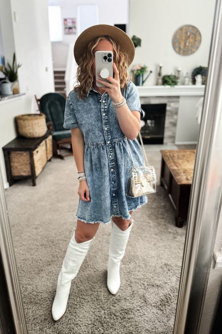 Country concert outfit with a denim dress, clear and gold bag,  and white knee high boots 


// Summer outfits 2024, festival outfit, western outfits, rodeo outfit, western boots, summer concert, mom outfit ideas, summer outfit amazon, Amazon outfit ideas, casual outfit ideas, spring outfit inspo, casual fashion, amazon summer fashion, amazon casual outfit, cute casual outfit, outfit inspo, outfits amazon, outfit ideas, amazon shoes, Amazon bag, purse, size 4-6, casual summer outfits, casual outfit ideas everyday, summer fashion #ltkfindsunder100

#LTKFindsUnder50 #LTKSaleAlert #LTKFestival