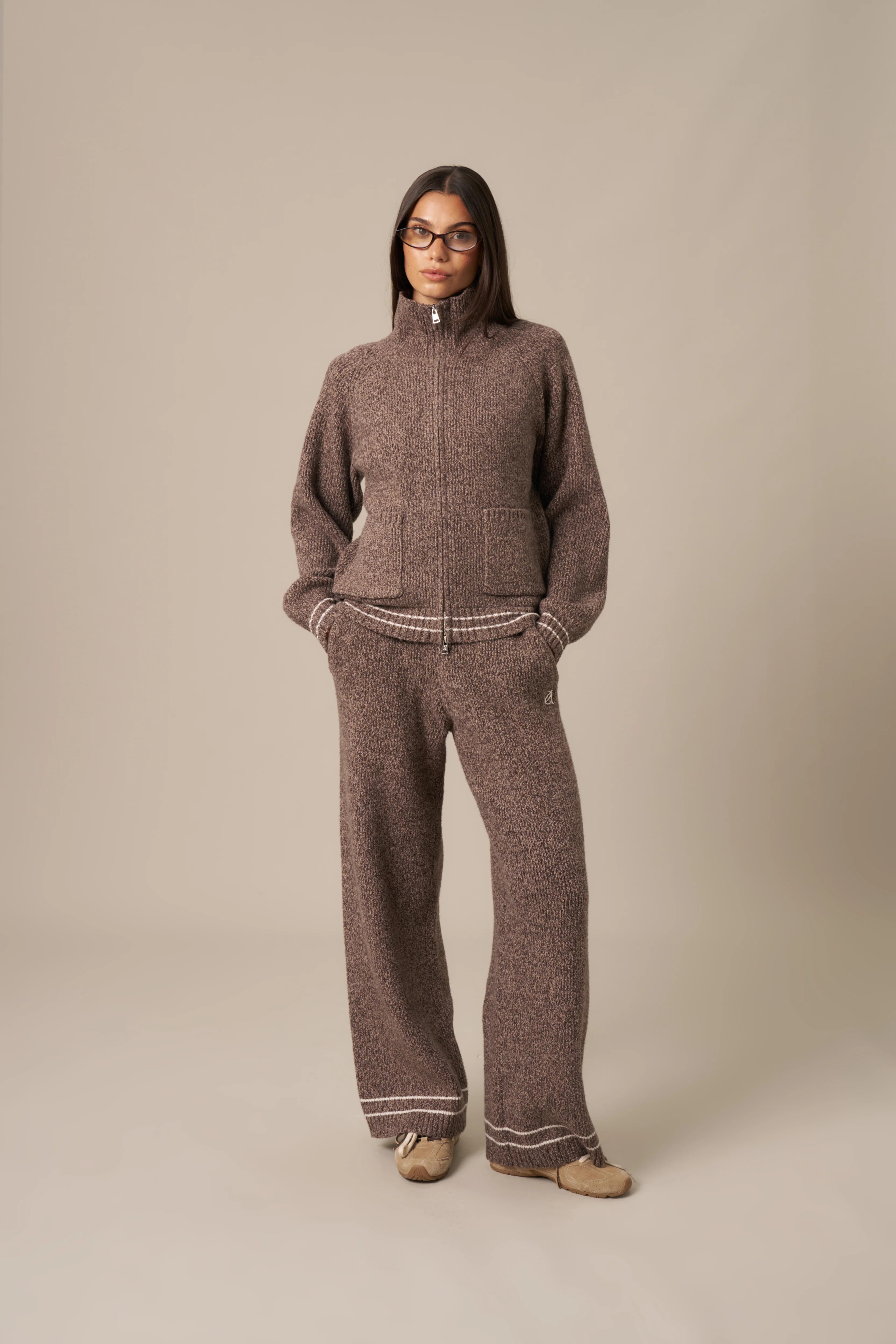 Knitted Wide Leg Trousers - Cappuccino | Reasn