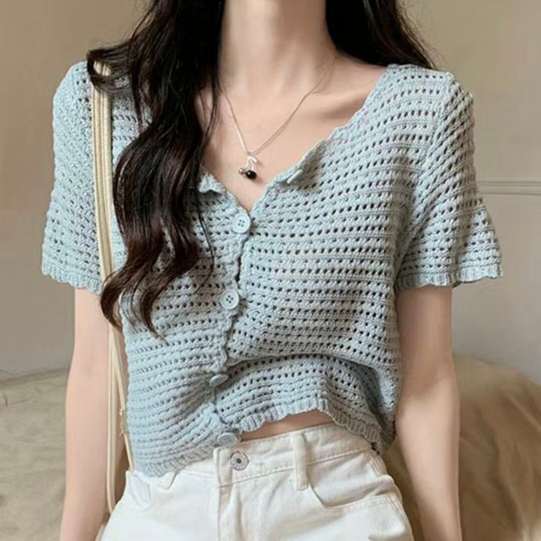 Women's Lettuce Trim Crochet Knitted Crop Top, Knitted Button Front Cardigan, Summer Hand Knitted... | Etsy (US)