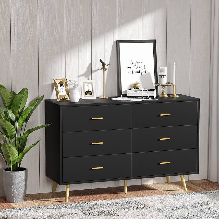 LYNSOM Black Dresser, Modern 6 Drawer Dresser for Bedroom with Wide Drawers and Metal Handles, Wo... | Amazon (US)
