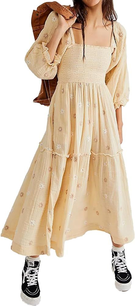 Women Floral Embroidered Maxi Dress Long Puff Sleeve Square Neck Bohemian Flowy Dress with Pocket... | Amazon (US)