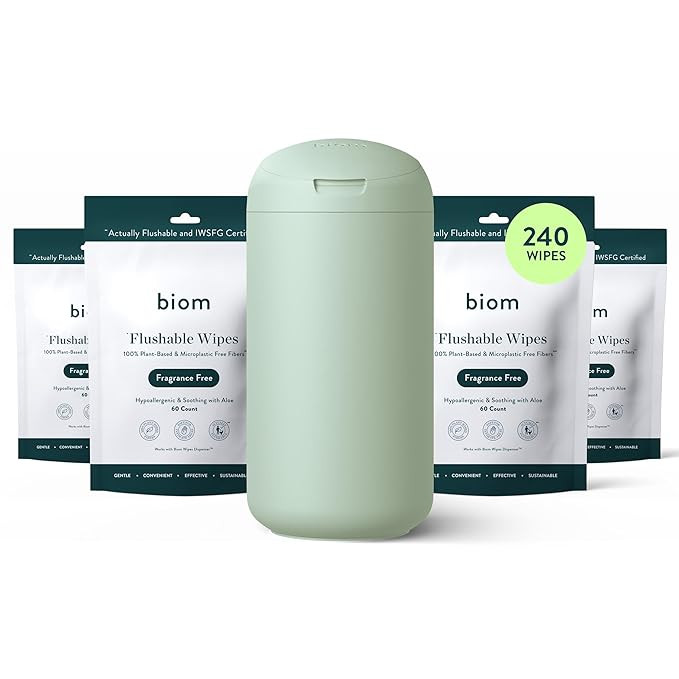 Biom Flushable Wipes Starter Kit - 4pk (240 Total) Fragrance Free Wipes + Refillable BPA-Free Dis... | Amazon (US)