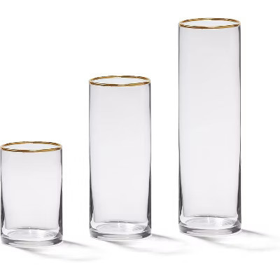 4E's Novelty Set of 3 Glass Cylinder Vases with Gold Rim – Elegant Centerpieces & Candle Holders | Target