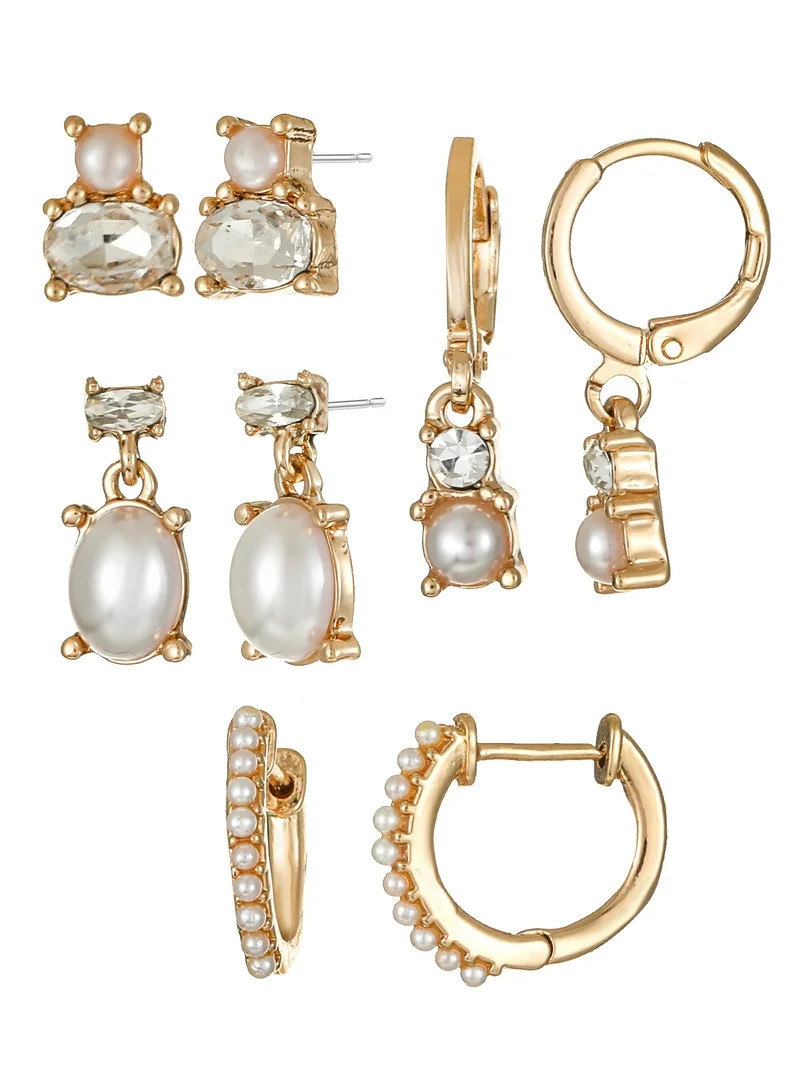 Time and Tru Goldtone Birthstone Earring Collection, June, Pearl, 4 Pairs | Walmart (US)
