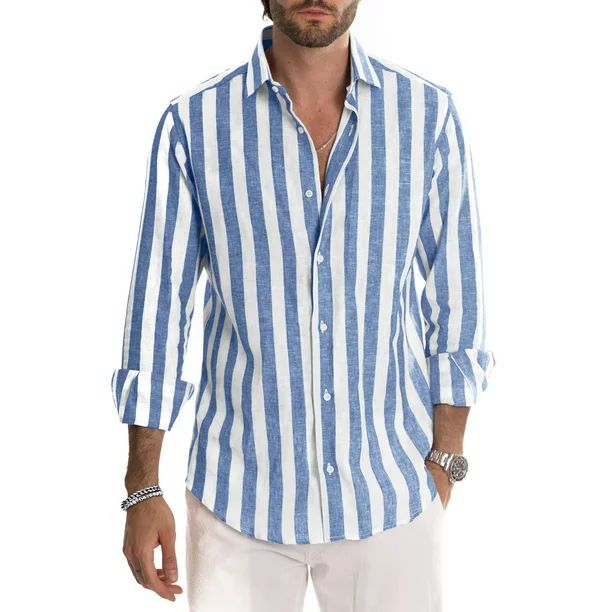 Chase Secret Men's Shirts Long Sleeve Button Down Striped Casual Linen Dress Shirts - Walmart.com | Walmart (US)