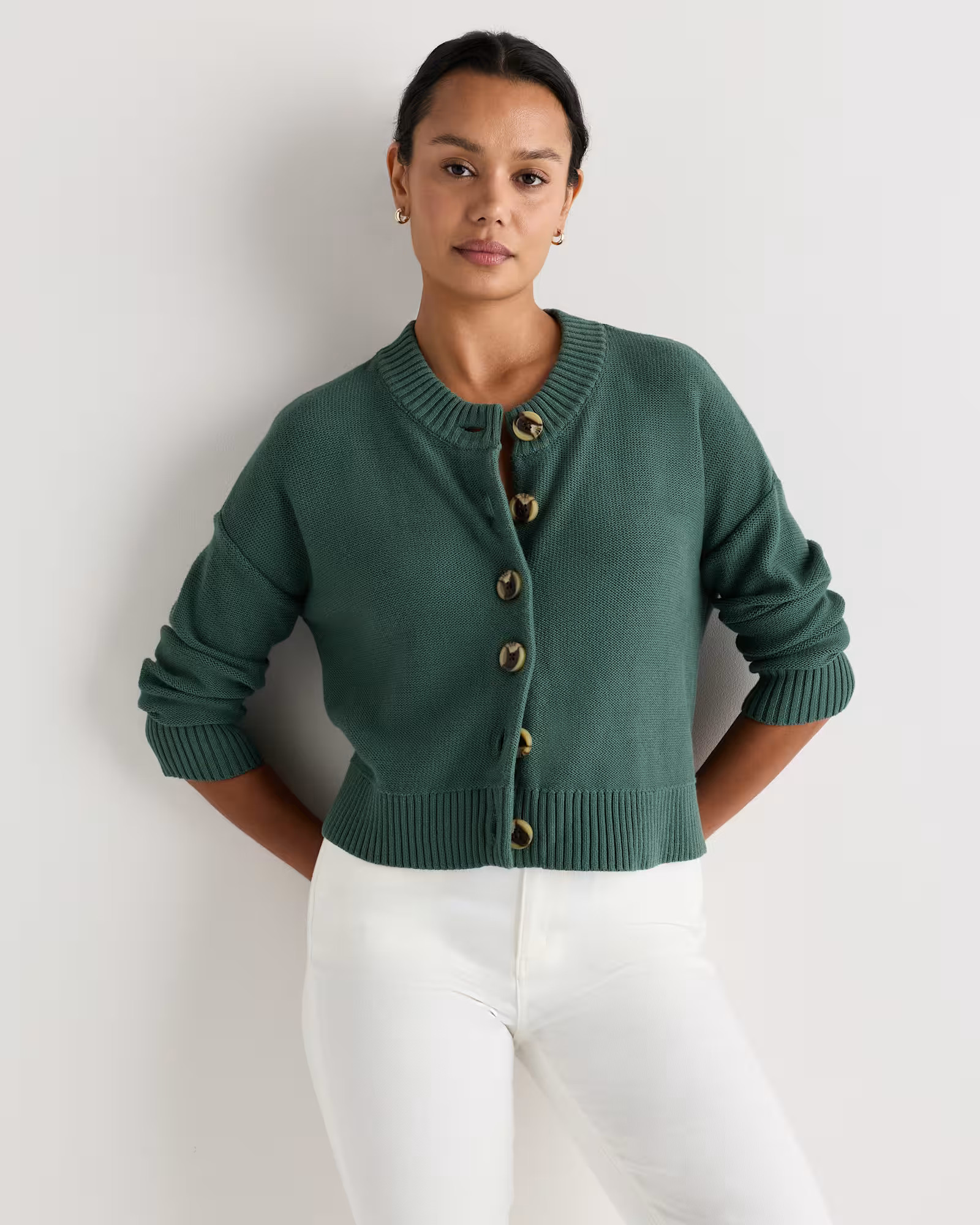 100% Organic Cotton Cropped Cardigan in Big Sur Green | Quince