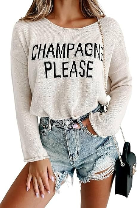 Champagne Please Graphic Pullover Sweaters for Women Crewneck Sweatshirt Long Sleeve Side Slit Kn... | Amazon (US)