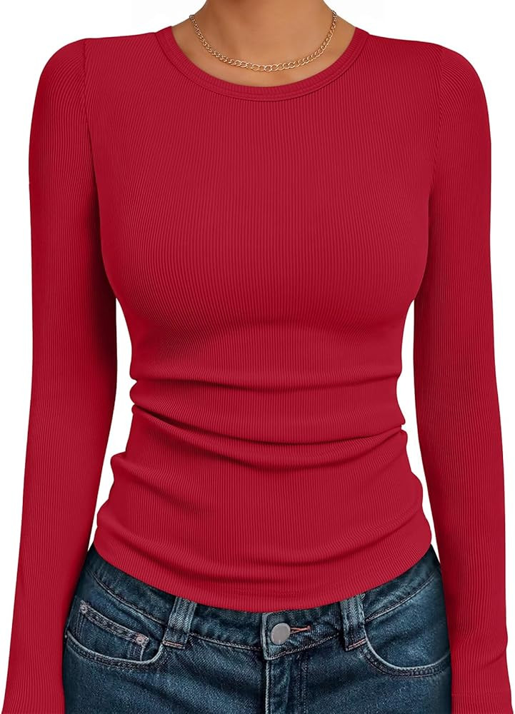 AUTOMET Women's Ribbed Long Sleeve Basic Top - Soft Stretch Crewneck Shirt for Work & Casual | Amazon (US)