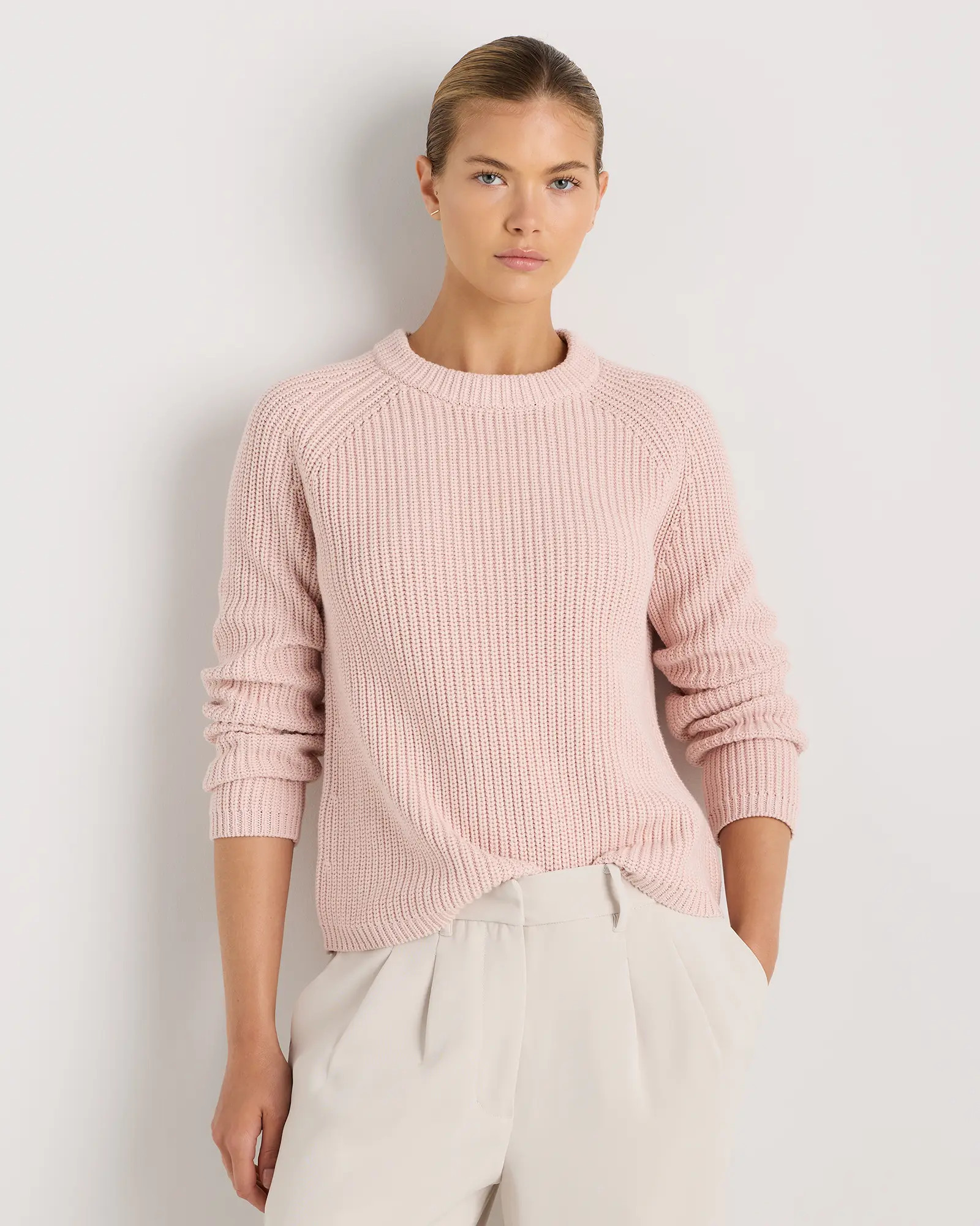 Women's 100% Organic Cotton Fisherman Crew Sweater in Shell Pink | Quince