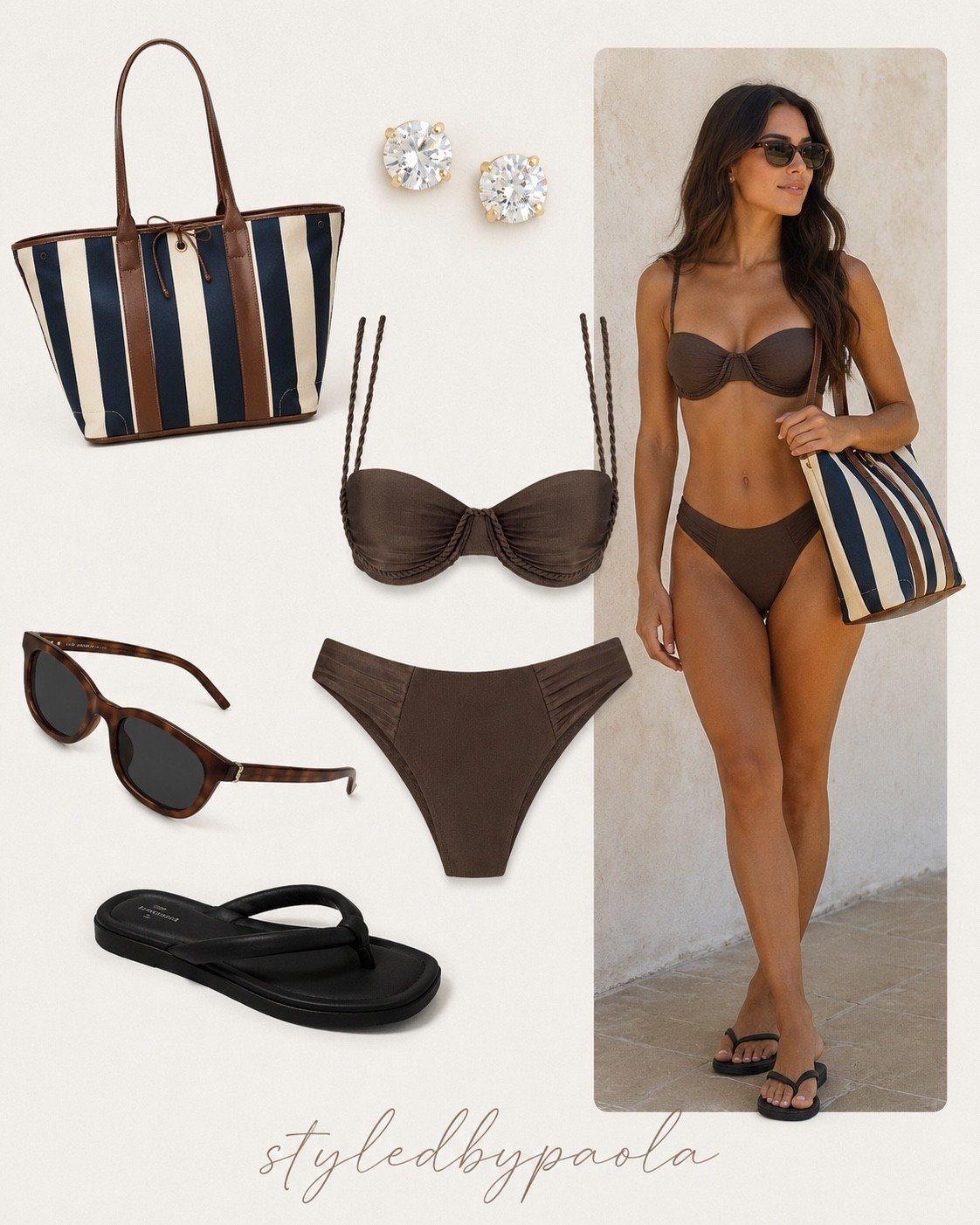 A timeless beach look 🤎 Chocolate brown swimwear, a classic striped tote, and effortless accessories for the ultimate vacation vibe. 

Follow @styledbypaola on LTK for more chic summer finds. ☀️🌊✨

#LTKSeasonal #LTKU #LTKSwim