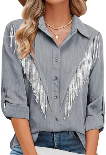 MYMORE Womens Sparkly Fringe Button Down Shirt Rolled 3/4 Sleeve Top Country Concert Nashville We... | Amazon (US)
