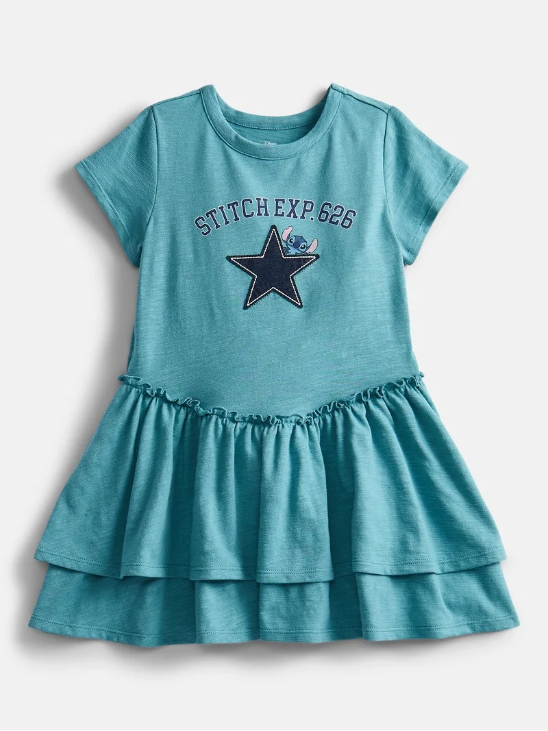Disney Stitch Girls Tiered Dress with Embroidered Applique and Short Sleeves, Sizes 4-12 | Walmart (US)