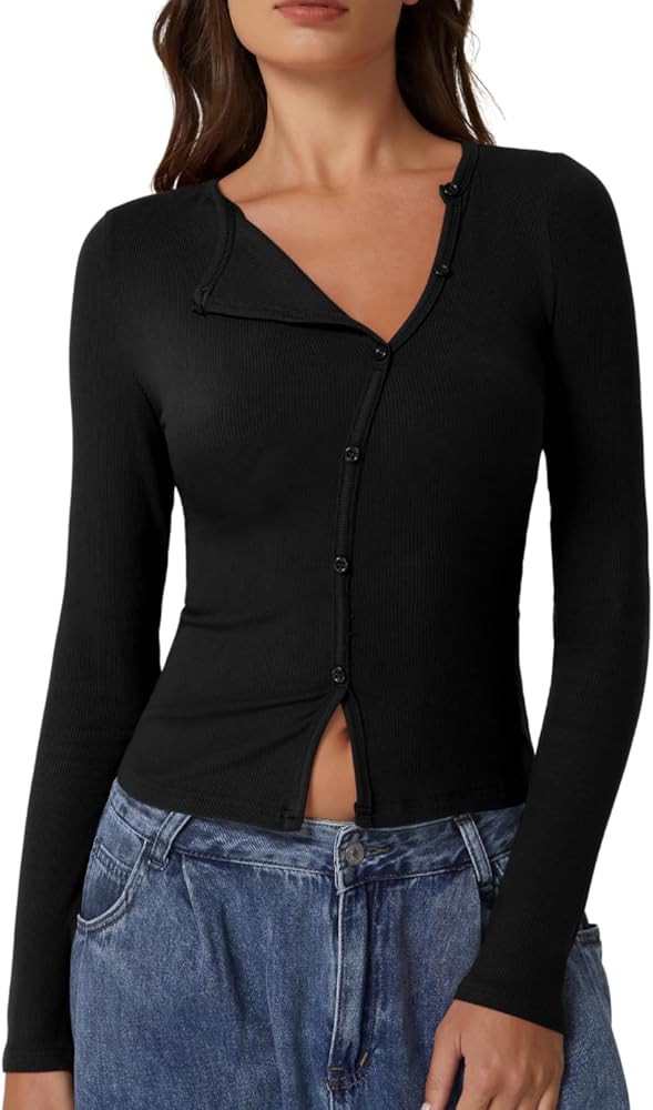 QINSEN Women's Long Sleeve Ribbed Crewneck Shirts Upper Button Fastening Going Out Tops | Amazon (US)