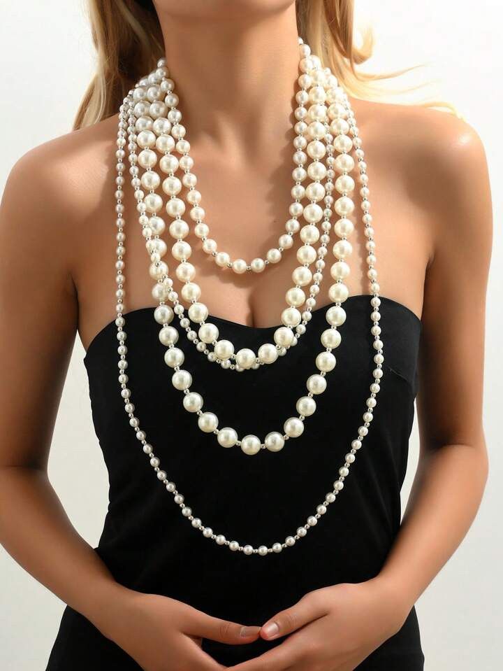 1pc Long Necklace European And American Style Vintage Multi-Layer Faux Pearl Necklace For Women, ... | SHEIN