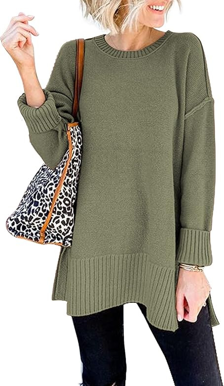 VTSGN Women's Crewneck Sweater Long Sleeve Side Slit Loose Knit Pullover Jumper Tunic Tops | Amazon (US)