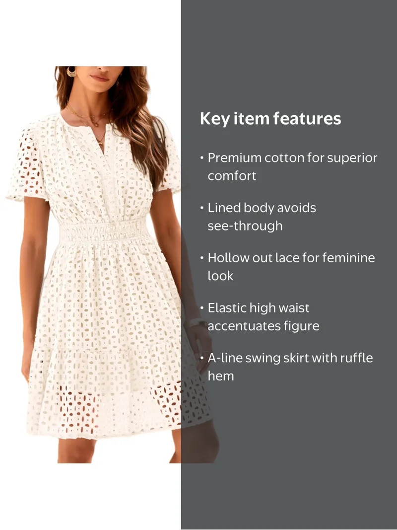 PRETTYGARDEN Womens Summer Short Dress V Neck Short Sleeve A Line Wear To Work Hollow Out Lace Ru... | Walmart (US)