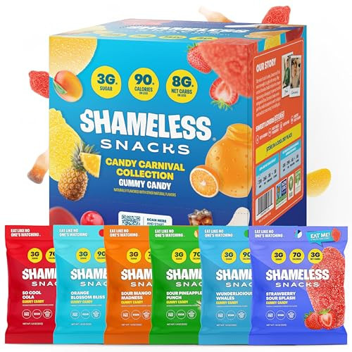 Shameless Snacks Candy Carnival - Healthy Low Sugar Snacks with Pineapple, Mango, Orange, Strawberry & Cola Gummies - Vegan, Gluten-Free, Low-Calorie Candy Variety Pack | Amazon (US)