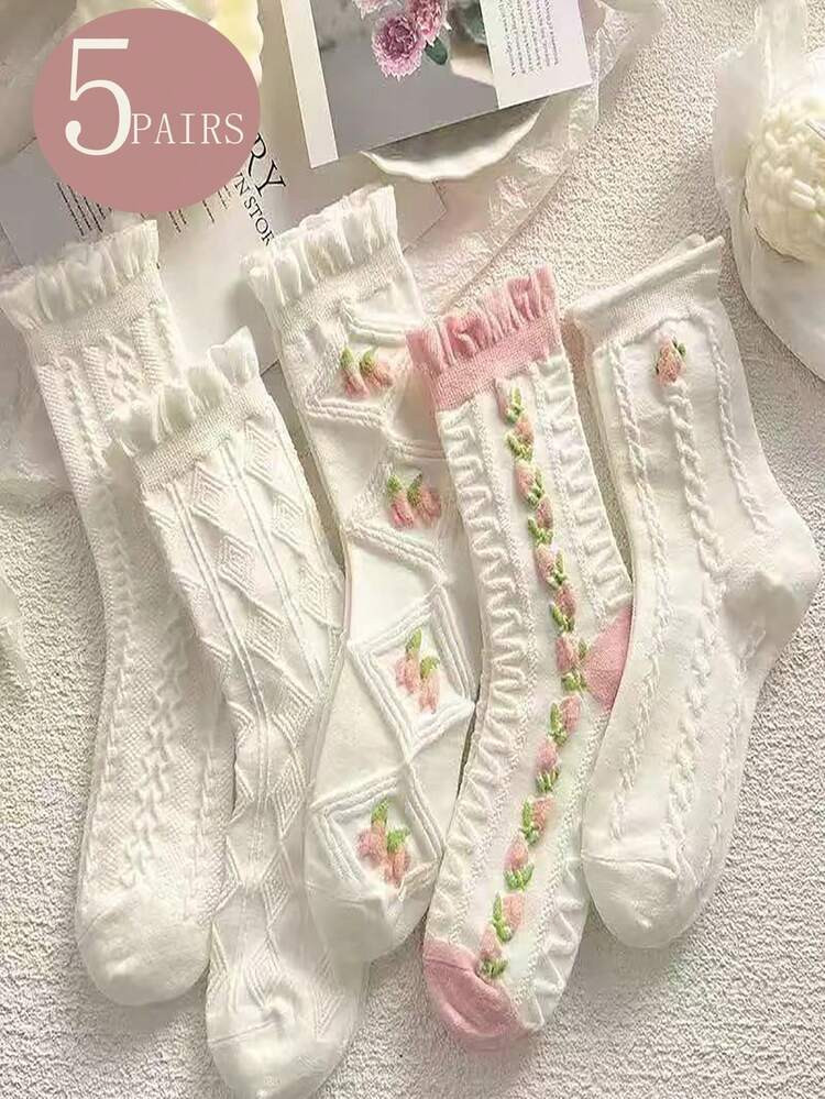 5 Pairs Random Korean Style Fashion Ankle Socks, Cute & Sweet, Suitable For Spring, Autumn And Winter | SHEIN