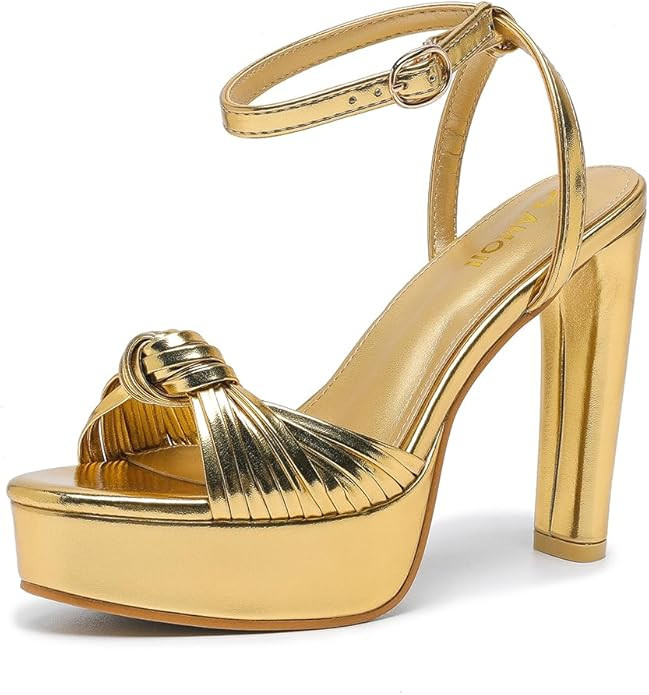 Amoji Women's Block Heels 4 Inch Platform Braid Knot Ankle Strap Lady Heeled Sandals FZ319 | Amazon (US)