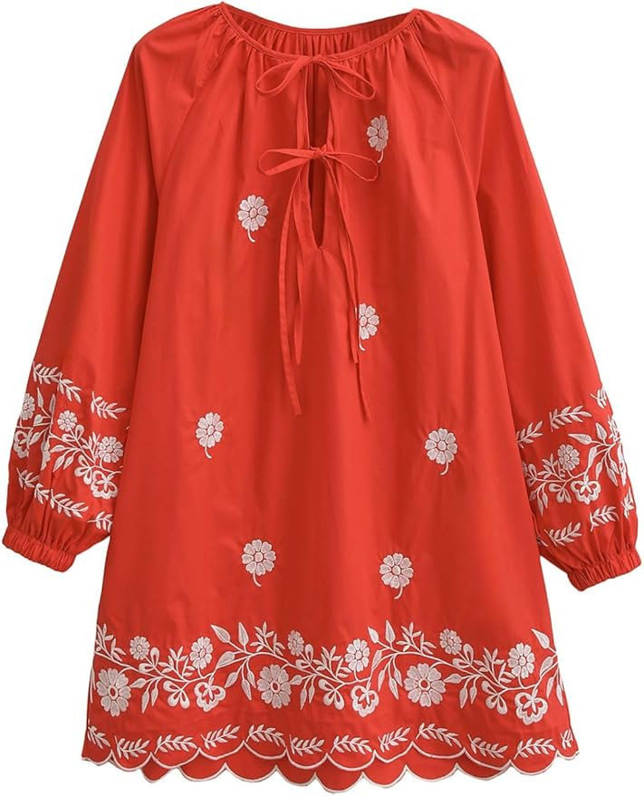 Joiemont Womens Embroidered Long Sleeve Mini Dress Loose Fit Vintage Embroidery Dress with Double... | Amazon (US)