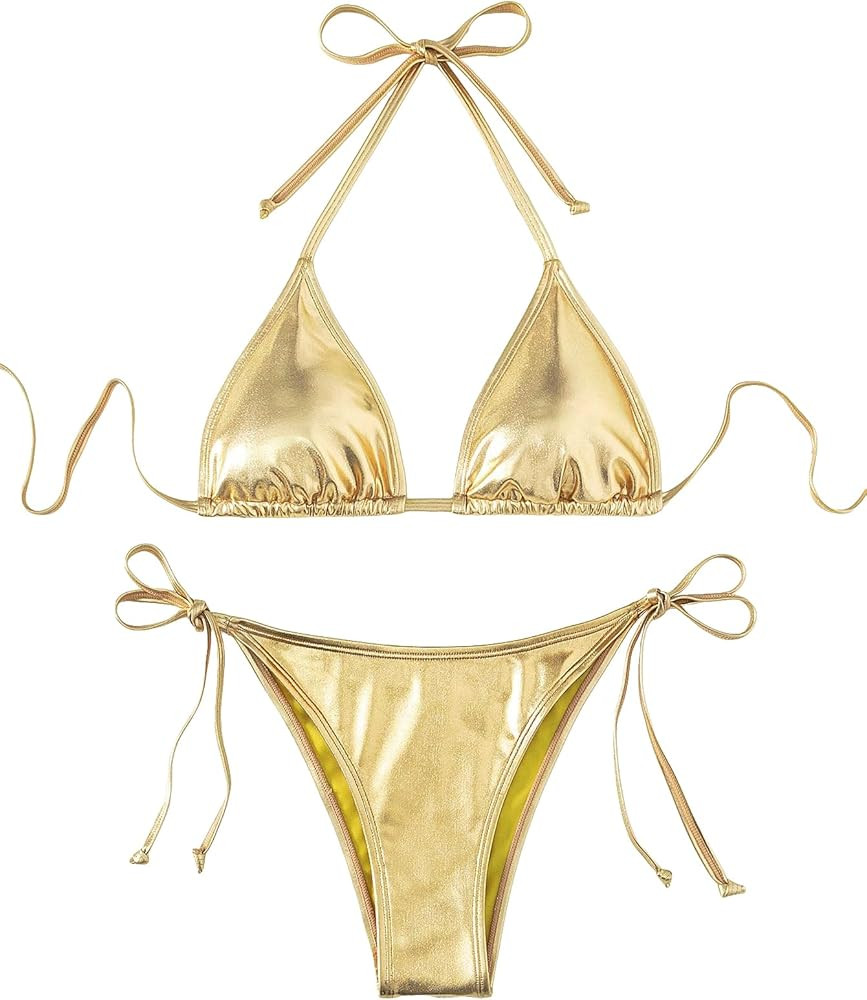Verdusa Women's 2 Piece Bathing Suit Metallic Swimwear Halter String Triangle Bikini Sets | Amazon (US)