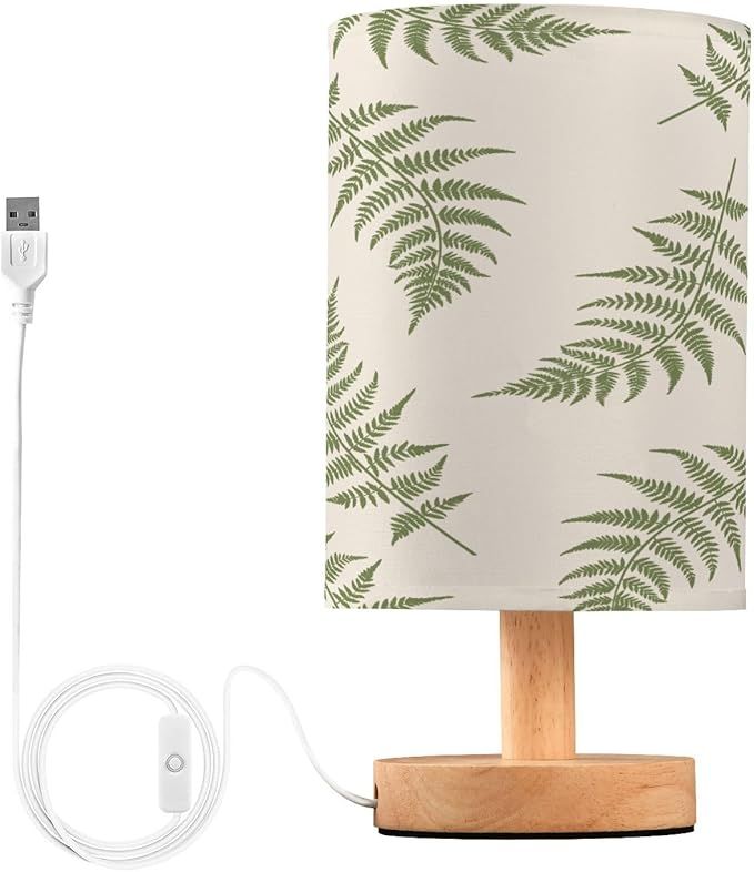 Fern Leaves Bedside Table Lamp for Reading Working, Round Fabric Linen Shade & Non-Slip Wood Base... | Amazon (US)