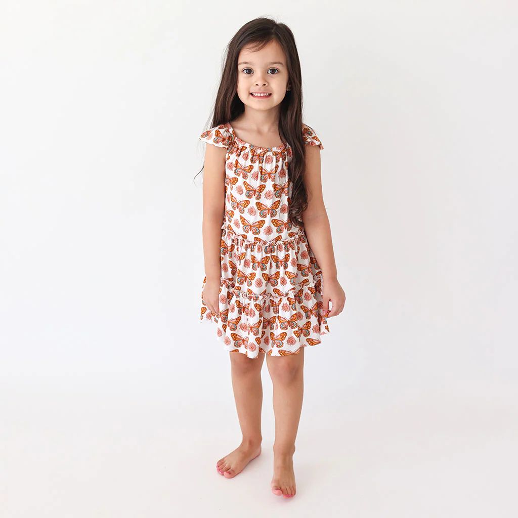 Butterfly Orange Girls Flutter Sleeve Dress | Jocelyn | Posh Peanut