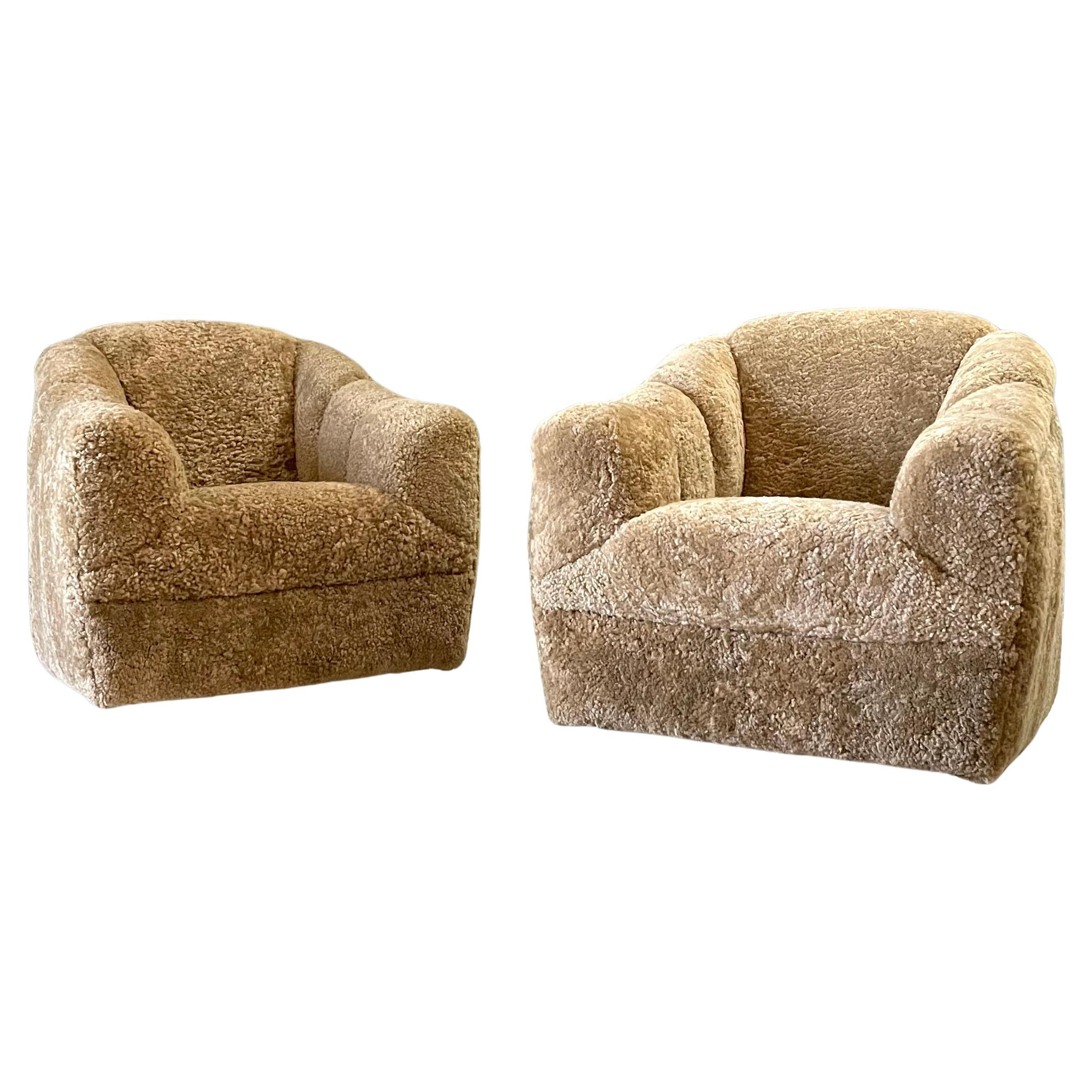 Post Modern Pair Sheepskin Swivel Chairs- Shearling Channel Back Milo Baughman | 1stDibs