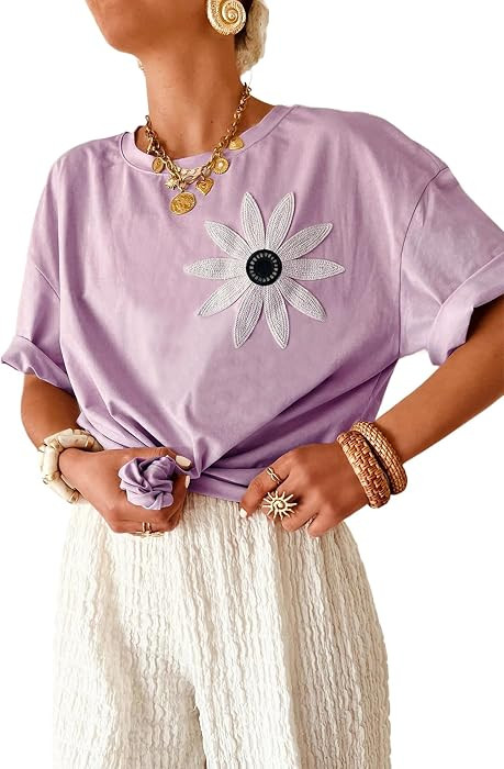 Women's Loose Fit Short Sleeve T-Shirt with Crochet Daisy Solid Color Casual Tops for Daily Wear | Amazon (US)