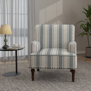 Uixe Modern Blue Striped Linen Fabric Upholstered Accent Armchair With Wooden Legs (Set of 1) FOP... | The Home Depot
