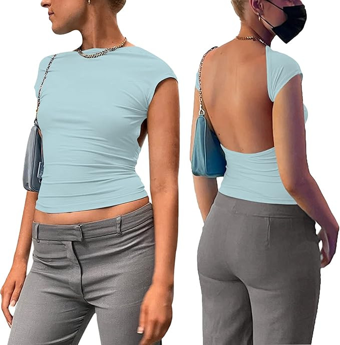 ForeFair Women Sexy Backless Short Sleeve Slim Fit Crewneck Summer Casual Y2K Crop Tee | Amazon (US)