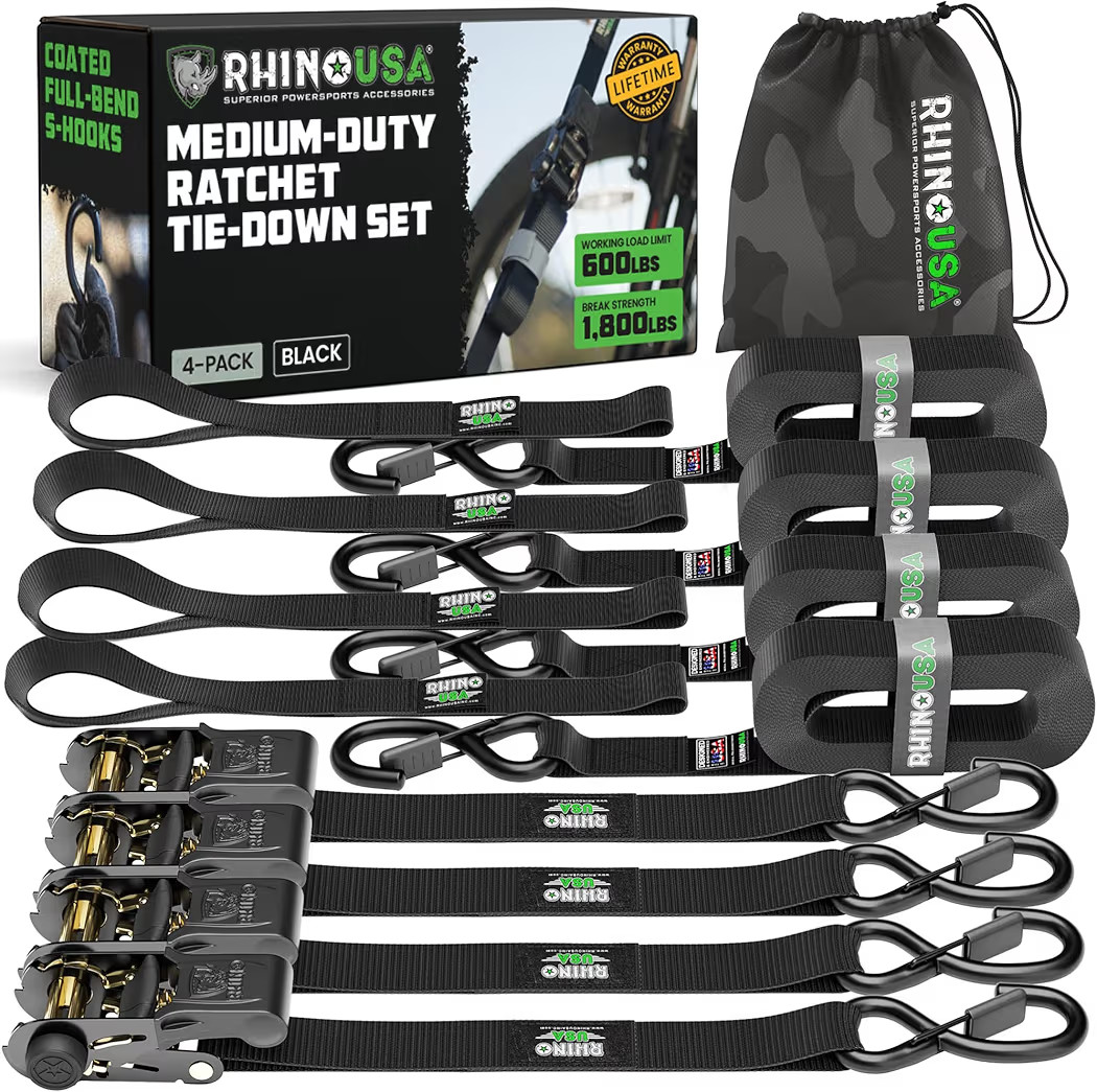 Rhino USA Ratchet Straps Tie Downs (4-Pack) - 1 Inch x 15 Feet (1,823lb Break Strength) - Ultimat... | Amazon (US)