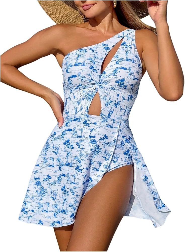 OYOANGLE Women's Floral Print One Shoulder Swim Dress Cut Out Split One Piece Swimsuit with Built... | Amazon (US)