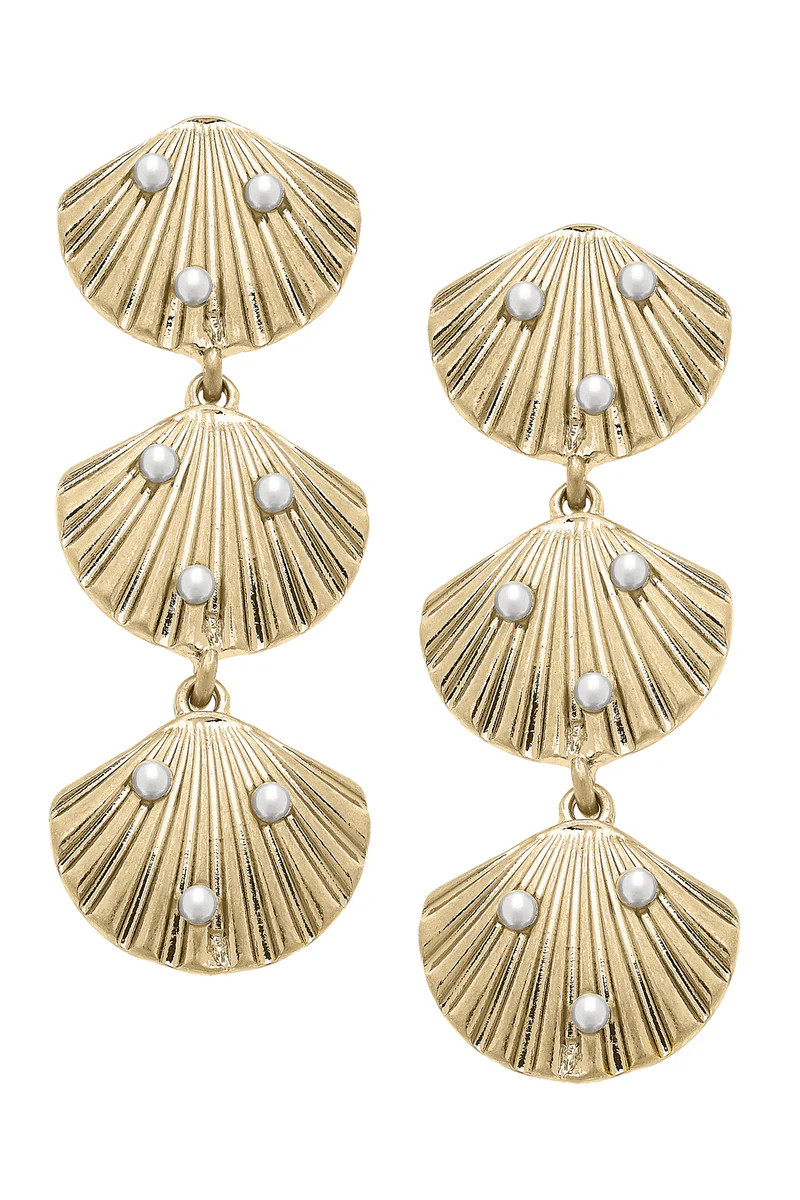 Cassandra Pearl-Studded Shell Earrings in Shiny Gold | CANVAS