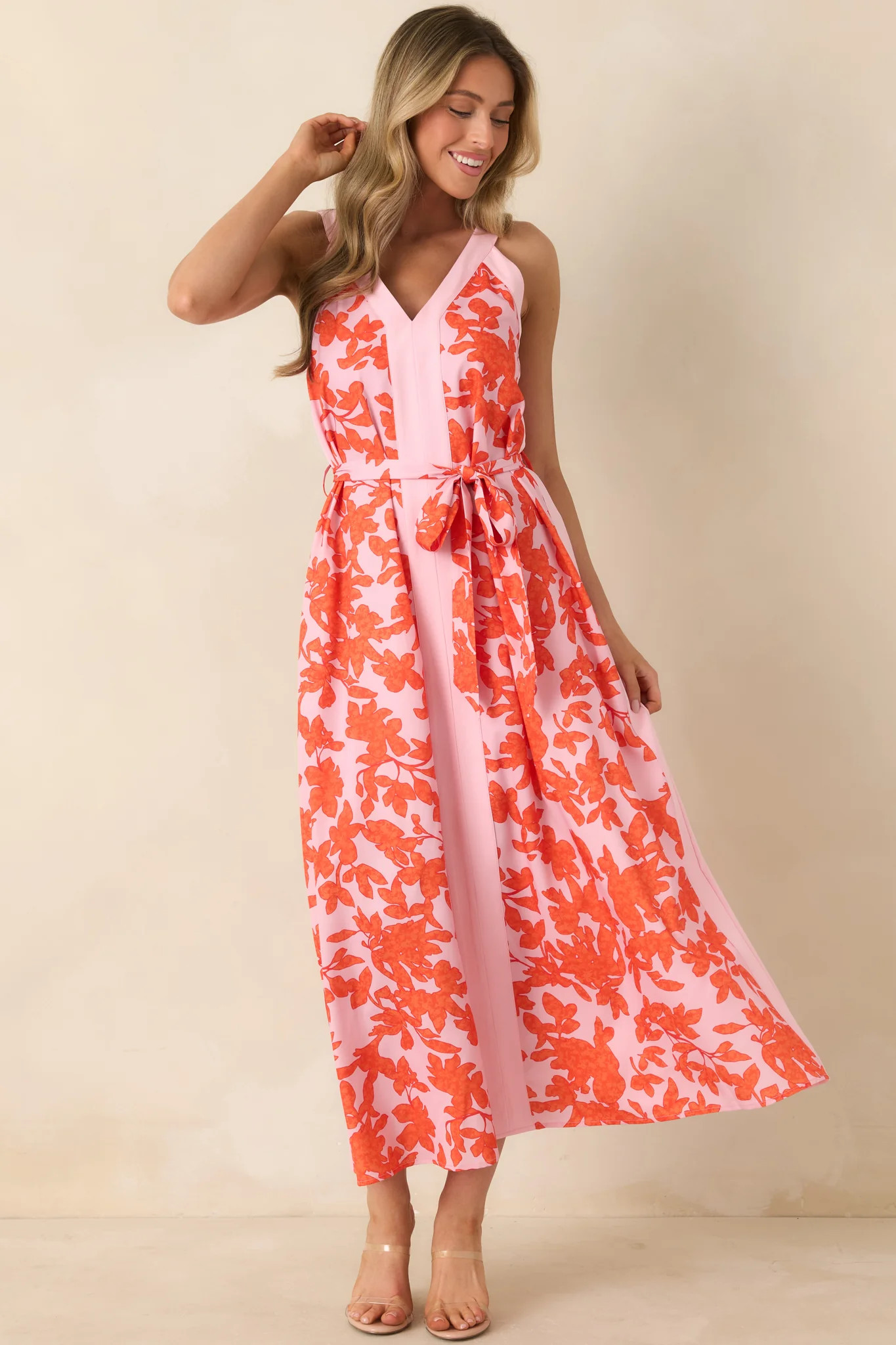 Living For It Orange & Light Pink Floral V-Neck Tie Belt Dress | Red Dress