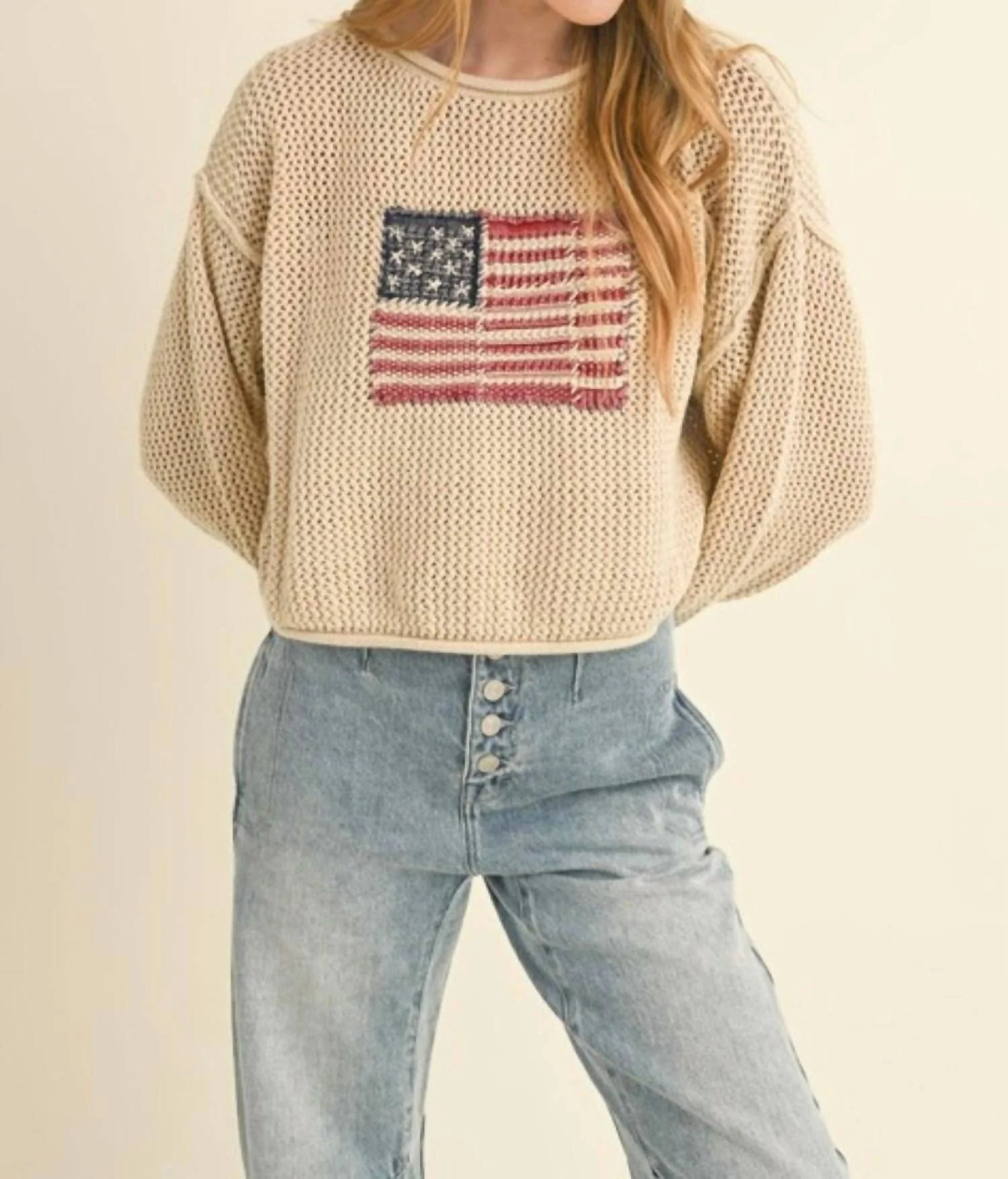 Flag Knit Sweater In Beige | Shop Simon
