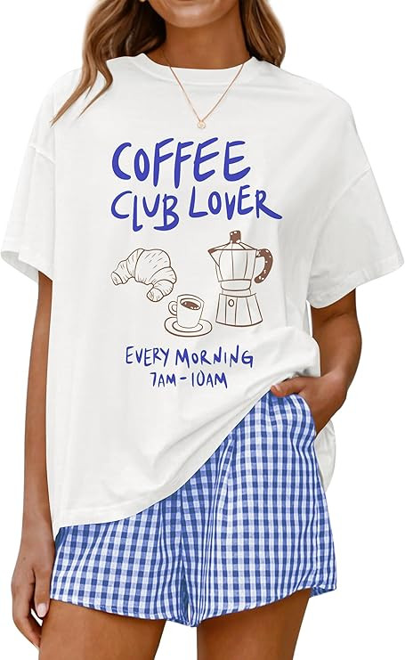 LOGENE Women Two Piece Lounge Pajamas Set Oversized T-Shirts & Boxer Plaid Shorts 2026 Summer Cas... | Amazon (US)