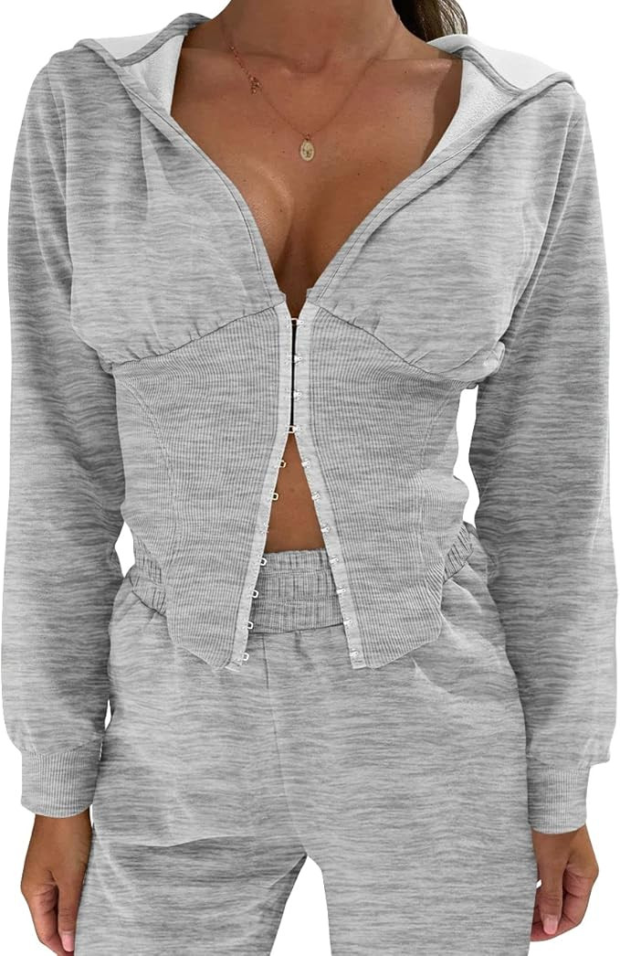 Memoriesea Women's Fashion V Neck Long Sleeve Front Hook Closure Hoodie Cropped Sweatshirt | Amazon (US)