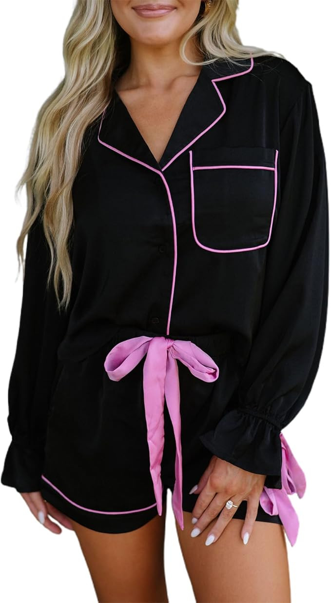 Christmas Pajama Shorts Sets for Women Bow Tie Long Sleeve Button Down Shirt and Shorts 2 Piece L... | Amazon (US)