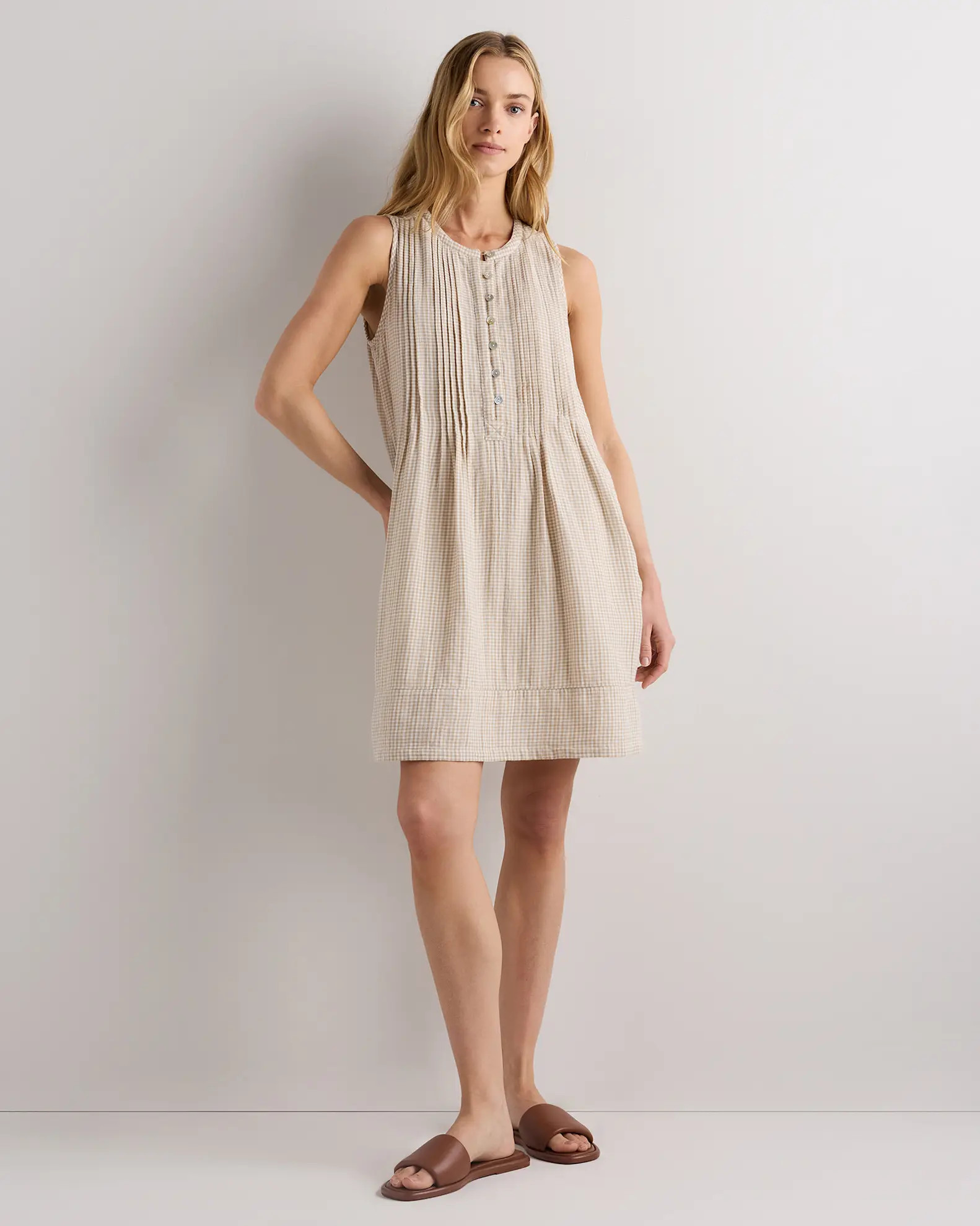 100% Organic Cotton Gauze Sleeveless Swing Dress in Khaki Gingham | Quince
