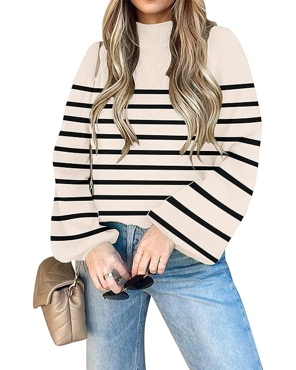 ZESICA Women's 2023 Casual Turtleneck Long Lantern Sleeve Oversized Ribbed Knit Pullover Sweater ... | Amazon (US)